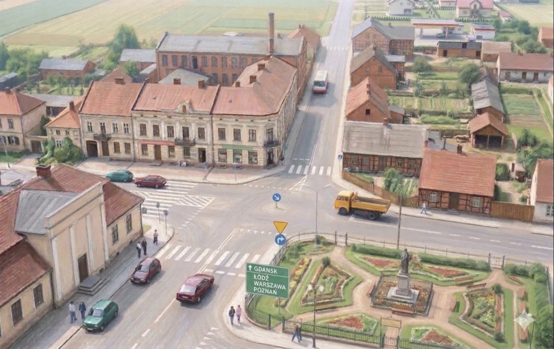 Dawne skrzyżowanie dróg krajowych nr 1 i 2 przy placu Wolności w Krośniewicach